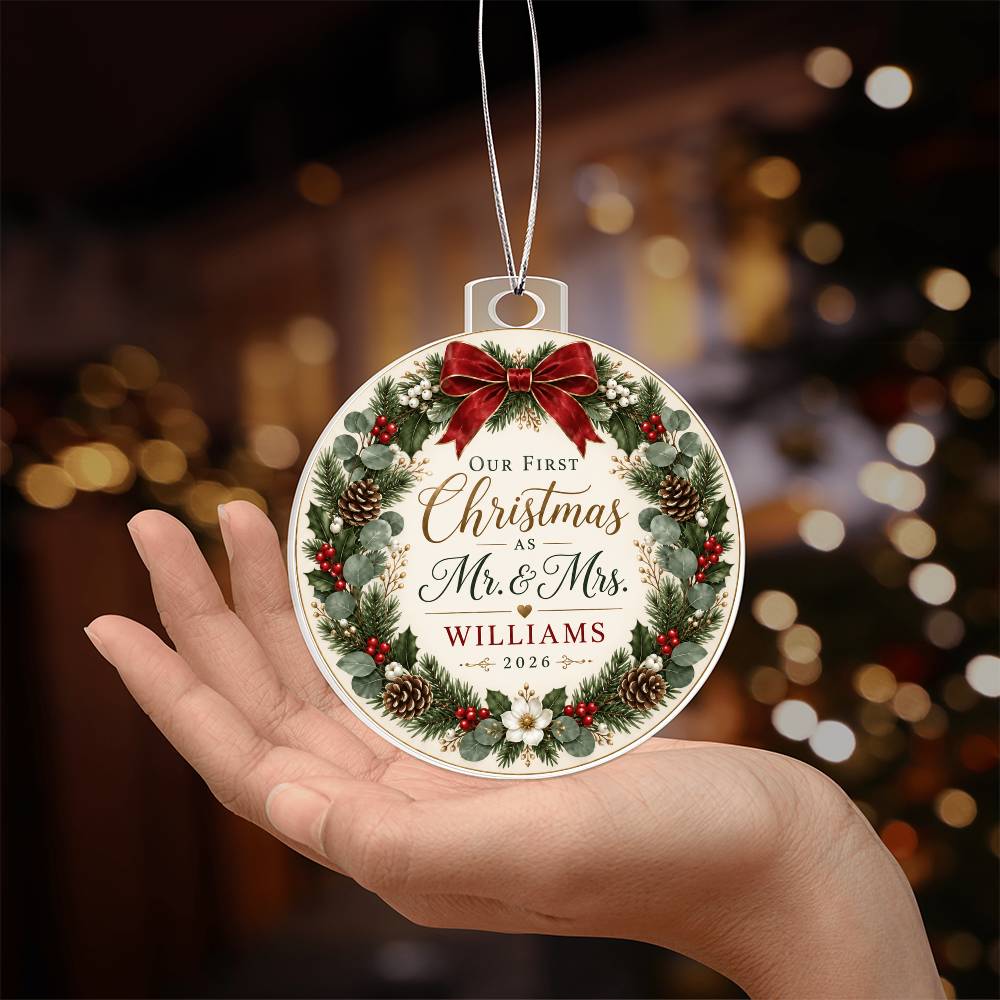 Personalized Our First Christmas as Mr. & Mrs. Ornament – Custom Newlywed Surname & Year Keepsake