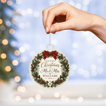 Personalized Our First Christmas as Mr. & Mrs. Ornament – Custom Newlywed Surname & Year Keepsake