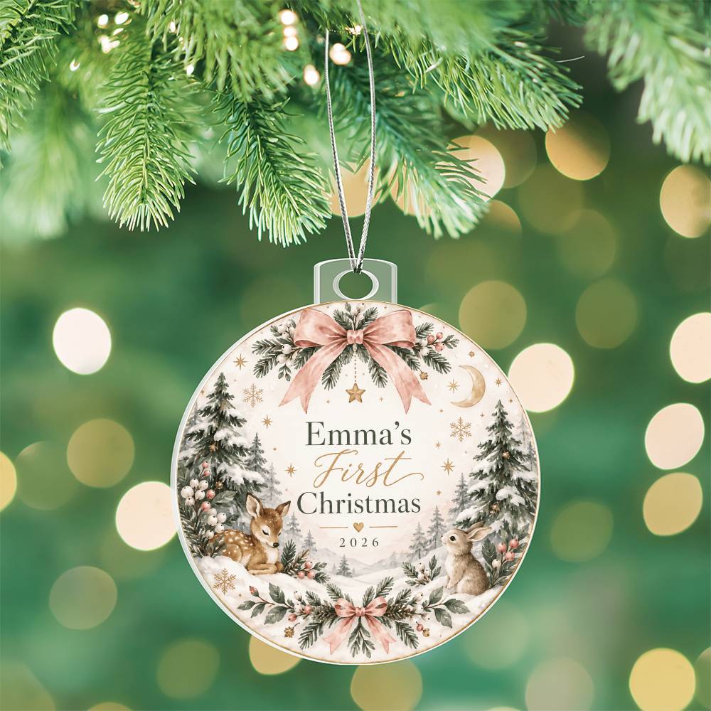 Personalized Baby's First Christmas Woodland Ornament – Custom Name & Year Keepsake