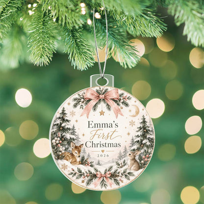 Personalized Baby's First Christmas Woodland Ornament – Custom Name & Year Keepsake