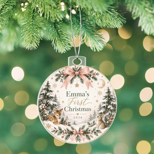 Personalized Baby's First Christmas Woodland Ornament – Custom Name & Year Keepsake