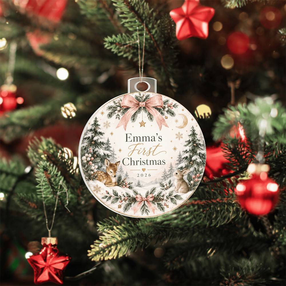 Personalized Baby's First Christmas Woodland Ornament – Custom Name & Year Keepsake