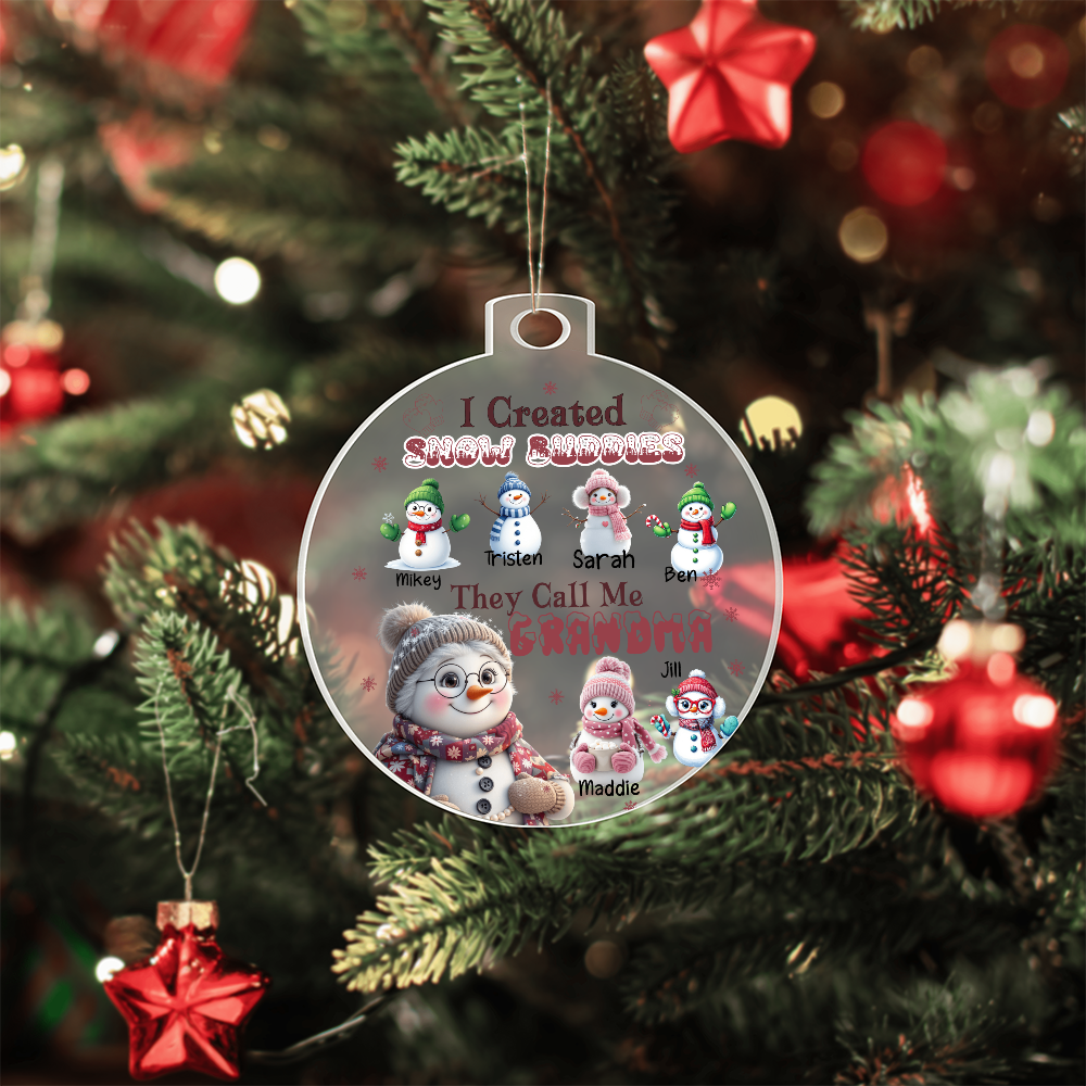 Personalized Grandma Ornament with Snow Buddies – Choose 1–7 Grandkids & Custom Names