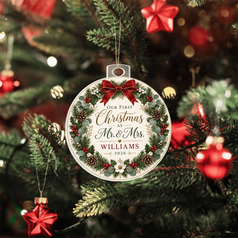 Personalized Our First Christmas as Mr. & Mrs. Ornament – Custom Newlywed Surname & Year Keepsake