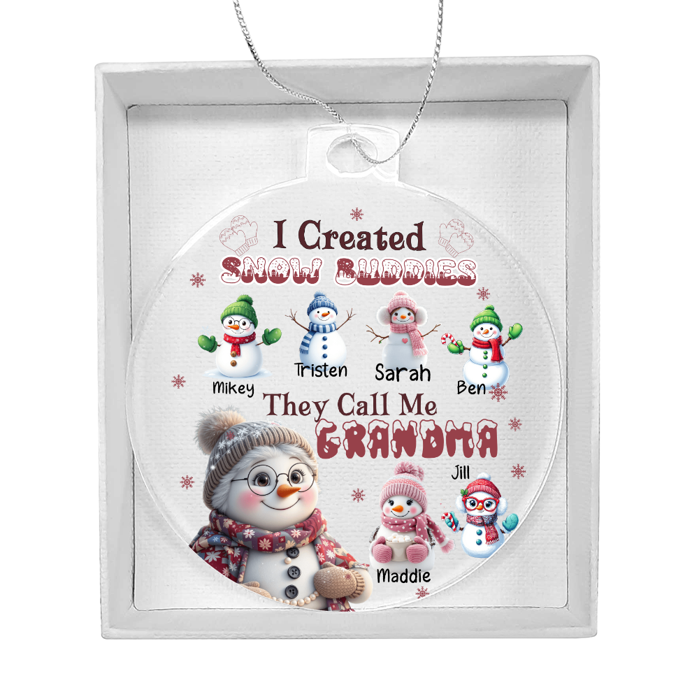 Personalized Grandma Ornament with Snow Buddies – Choose 1–7 Grandkids & Custom Names
