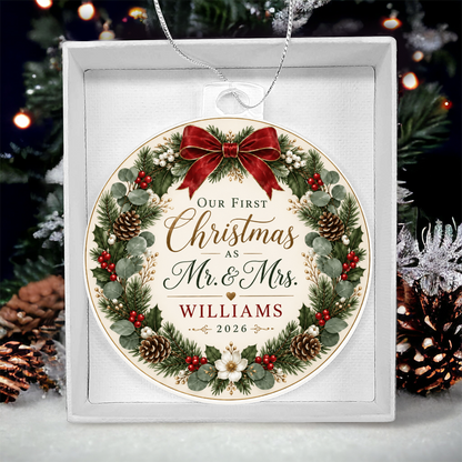 Personalized Our First Christmas as Mr. & Mrs. Ornament – Custom Newlywed Surname & Year Keepsake