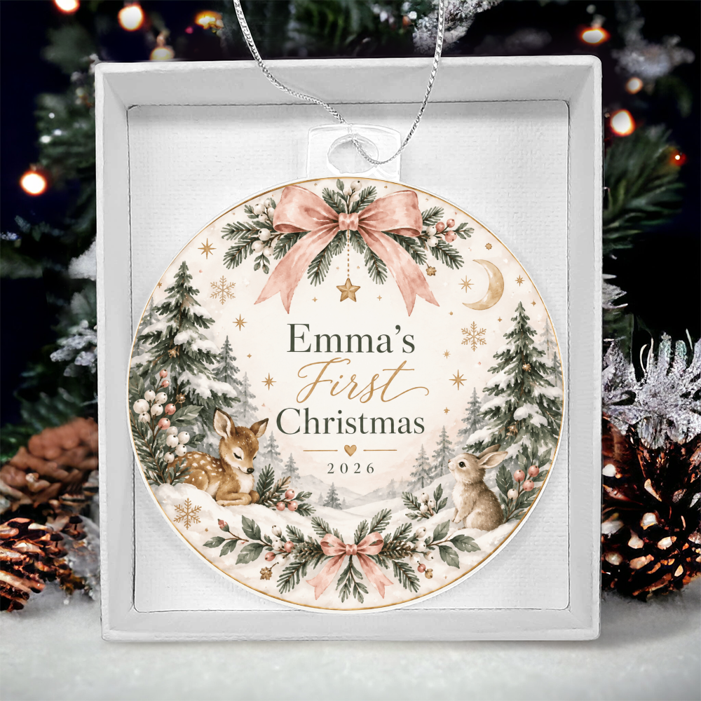 Personalized Baby's First Christmas Woodland Ornament – Custom Name & Year Keepsake