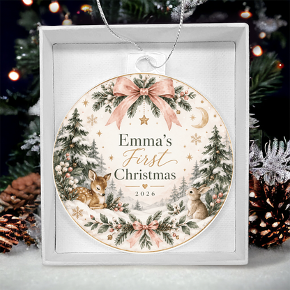 Personalized Baby's First Christmas Woodland Ornament – Custom Name & Year Keepsake