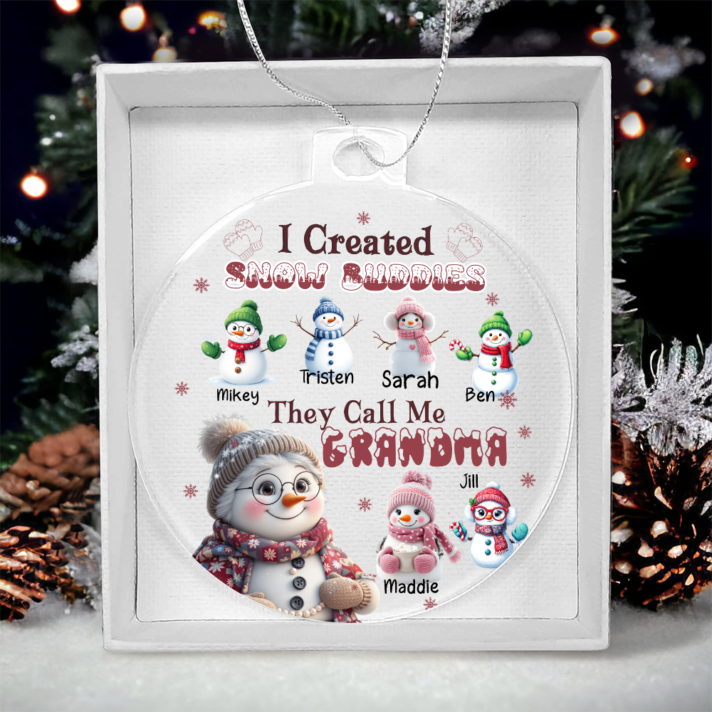 Personalized Grandma Ornament with Snow Buddies – Choose 1–7 Grandkids & Custom Names