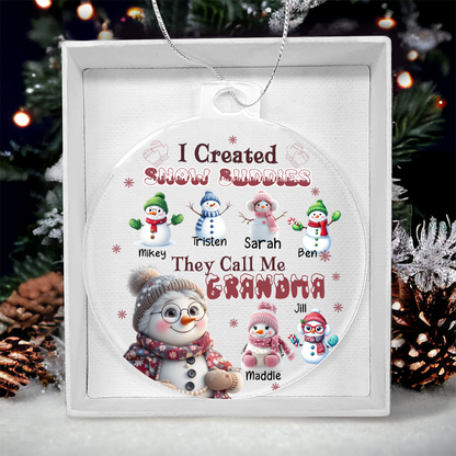 Personalized Grandma Ornament with Snow Buddies – Choose 1–7 Grandkids & Custom Names