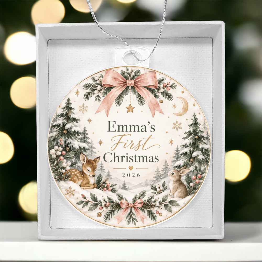 Personalized Baby's First Christmas Woodland Ornament – Custom Name & Year Keepsake