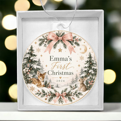 Personalized Baby's First Christmas Woodland Ornament – Custom Name & Year Keepsake