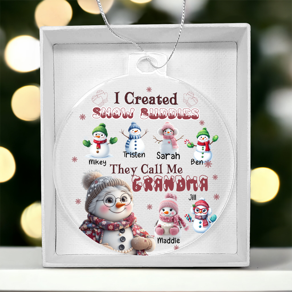 Personalized Grandma Ornament with Snow Buddies – Choose 1–7 Grandkids & Custom Names