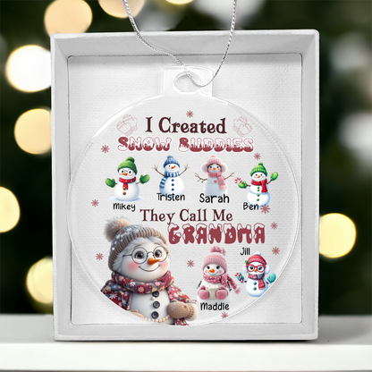 Personalized Grandma Ornament with Snow Buddies – Choose 1–7 Grandkids & Custom Names