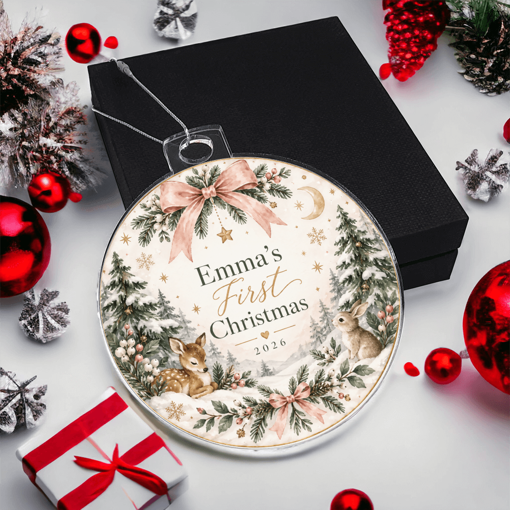 Personalized Baby's First Christmas Woodland Ornament – Custom Name & Year Keepsake