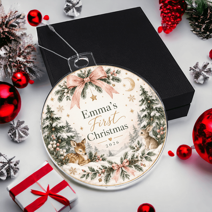 Personalized Baby's First Christmas Woodland Ornament – Custom Name & Year Keepsake