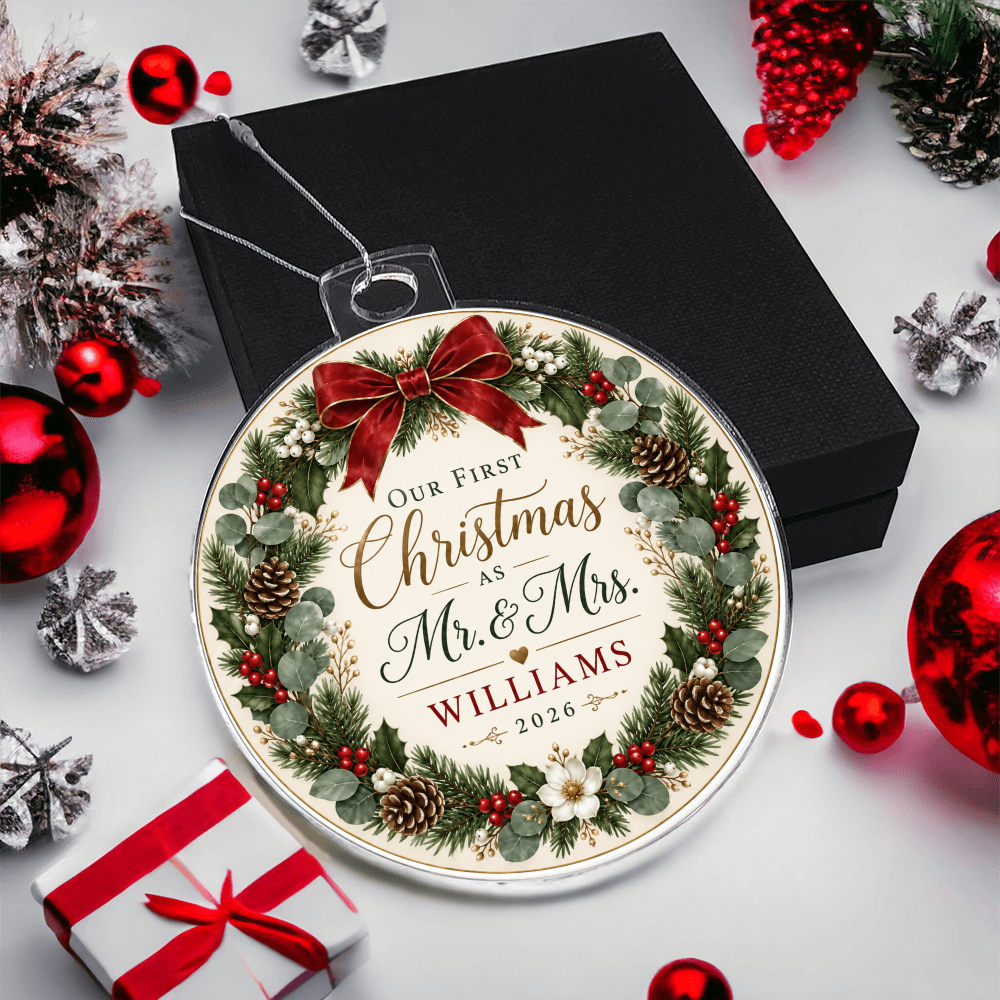 Personalized Our First Christmas as Mr. & Mrs. Ornament – Custom Newlywed Surname & Year Keepsake