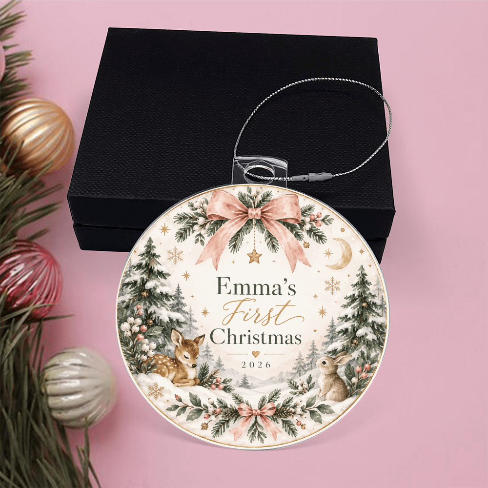 Personalized Baby's First Christmas Woodland Ornament – Custom Name & Year Keepsake