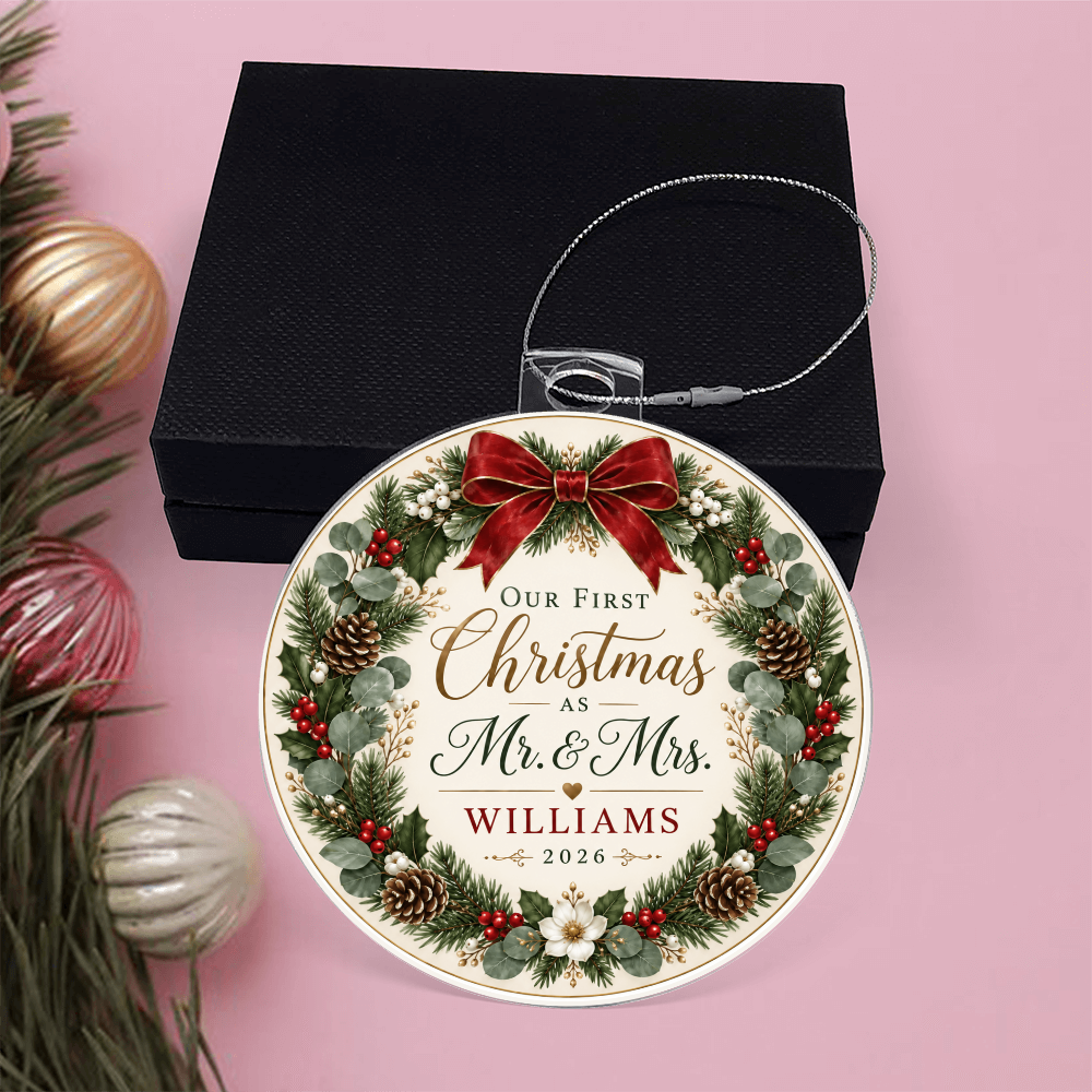 Personalized Our First Christmas as Mr. & Mrs. Ornament – Custom Newlywed Surname & Year Keepsake