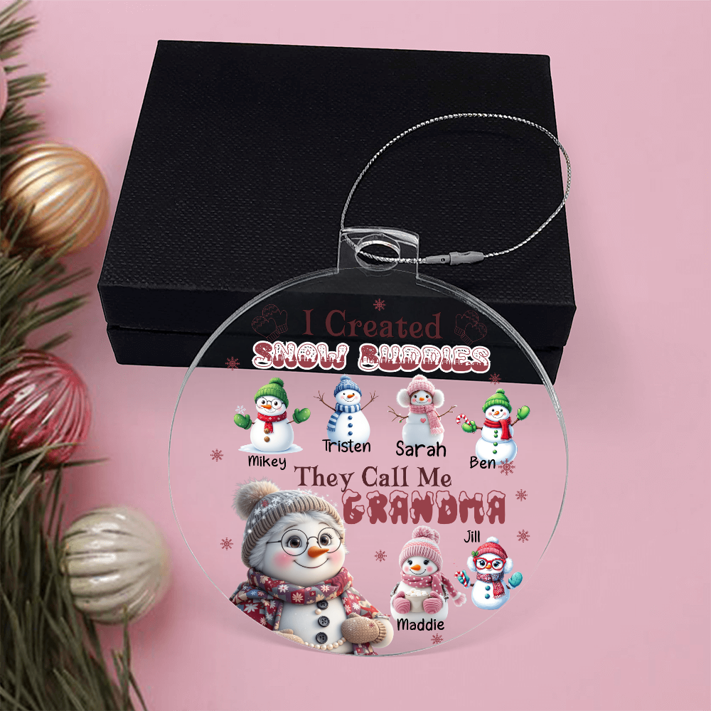 Personalized Grandma Ornament with Snow Buddies – Choose 1–7 Grandkids & Custom Names