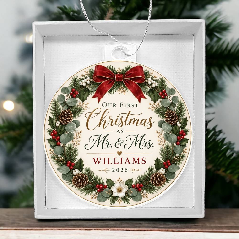 Personalized Our First Christmas as Mr. & Mrs. Ornament – Custom Newlywed Surname & Year Keepsake