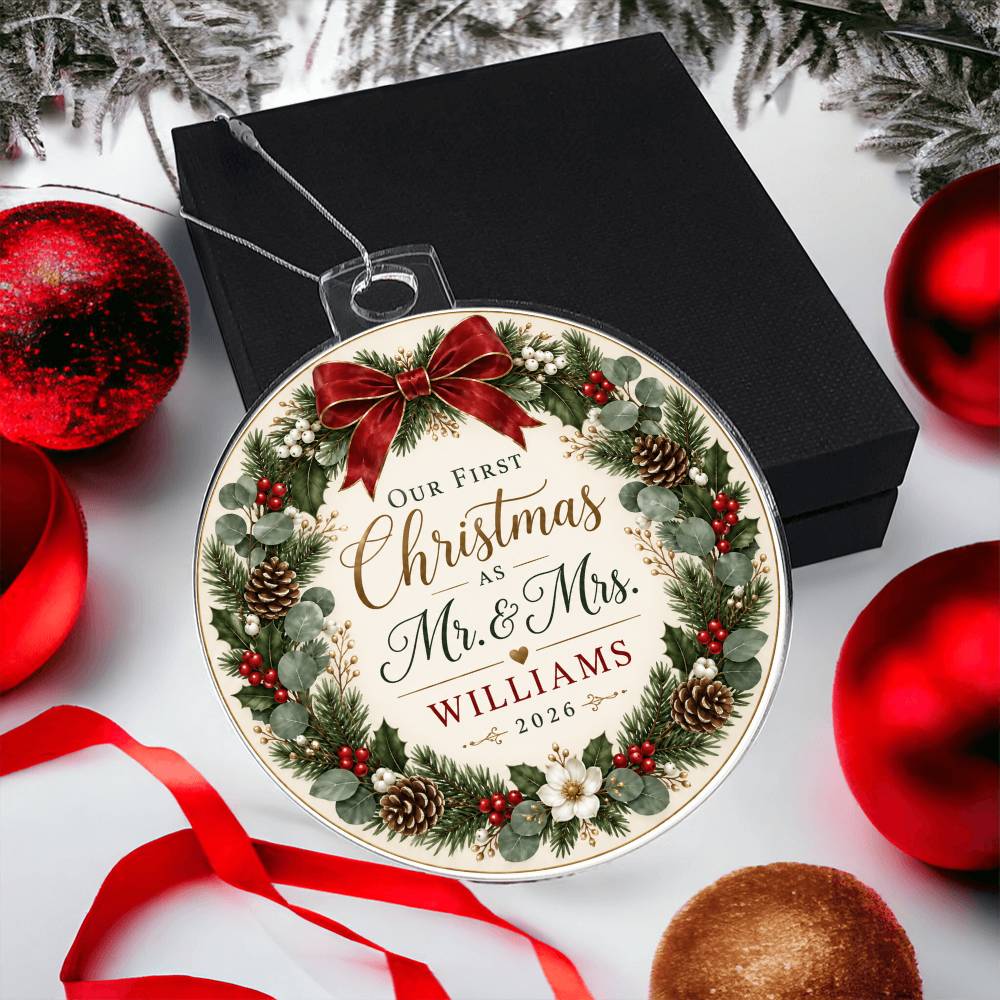 Personalized Our First Christmas as Mr. & Mrs. Ornament – Custom Newlywed Surname & Year Keepsake