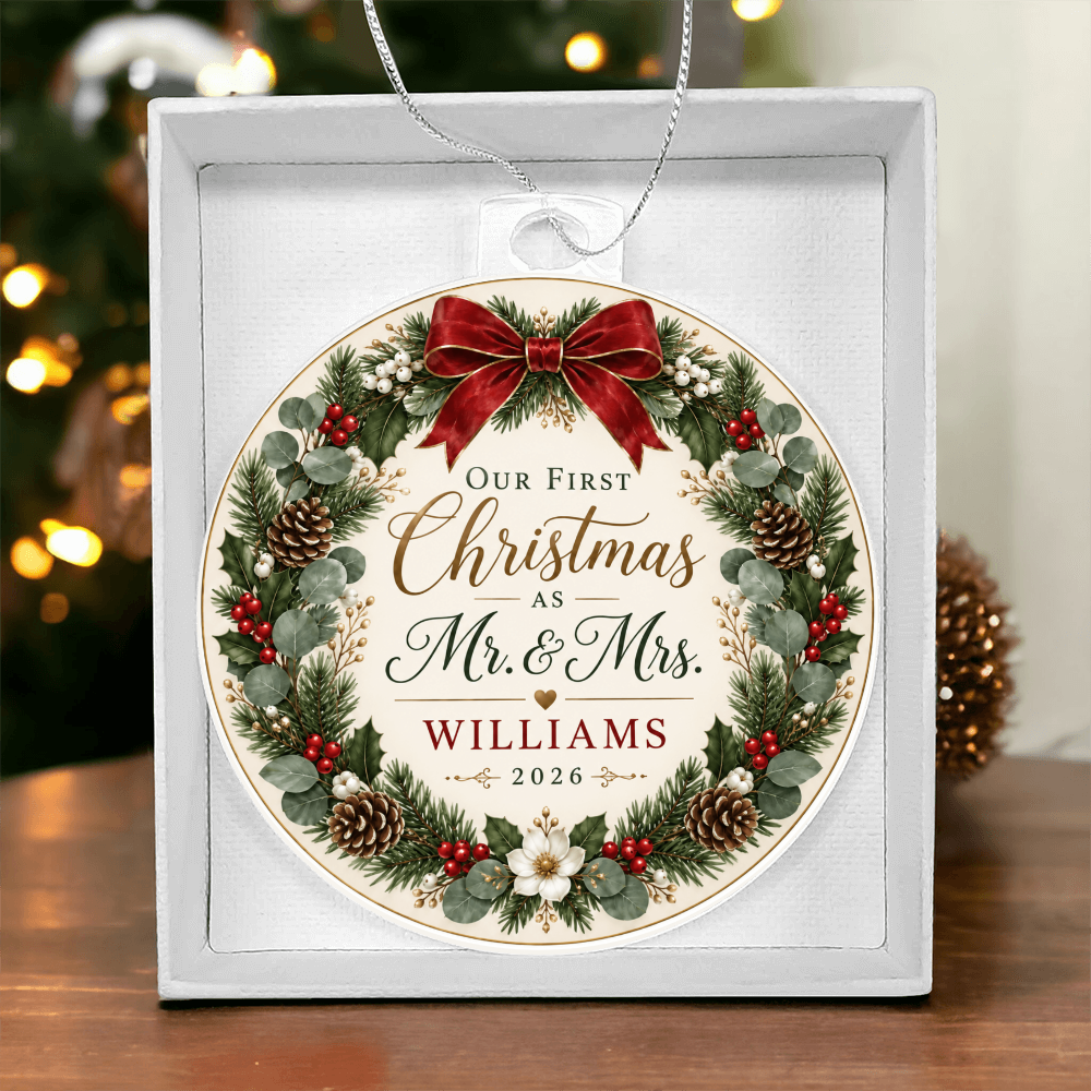 Personalized Our First Christmas as Mr. & Mrs. Ornament – Custom Newlywed Surname & Year Keepsake