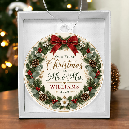 Personalized Our First Christmas as Mr. & Mrs. Ornament – Custom Newlywed Surname & Year Keepsake