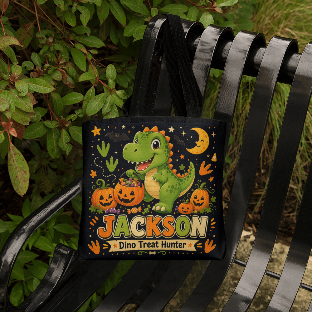 Personalized Dino Treat Hunter Halloween Tote Bag