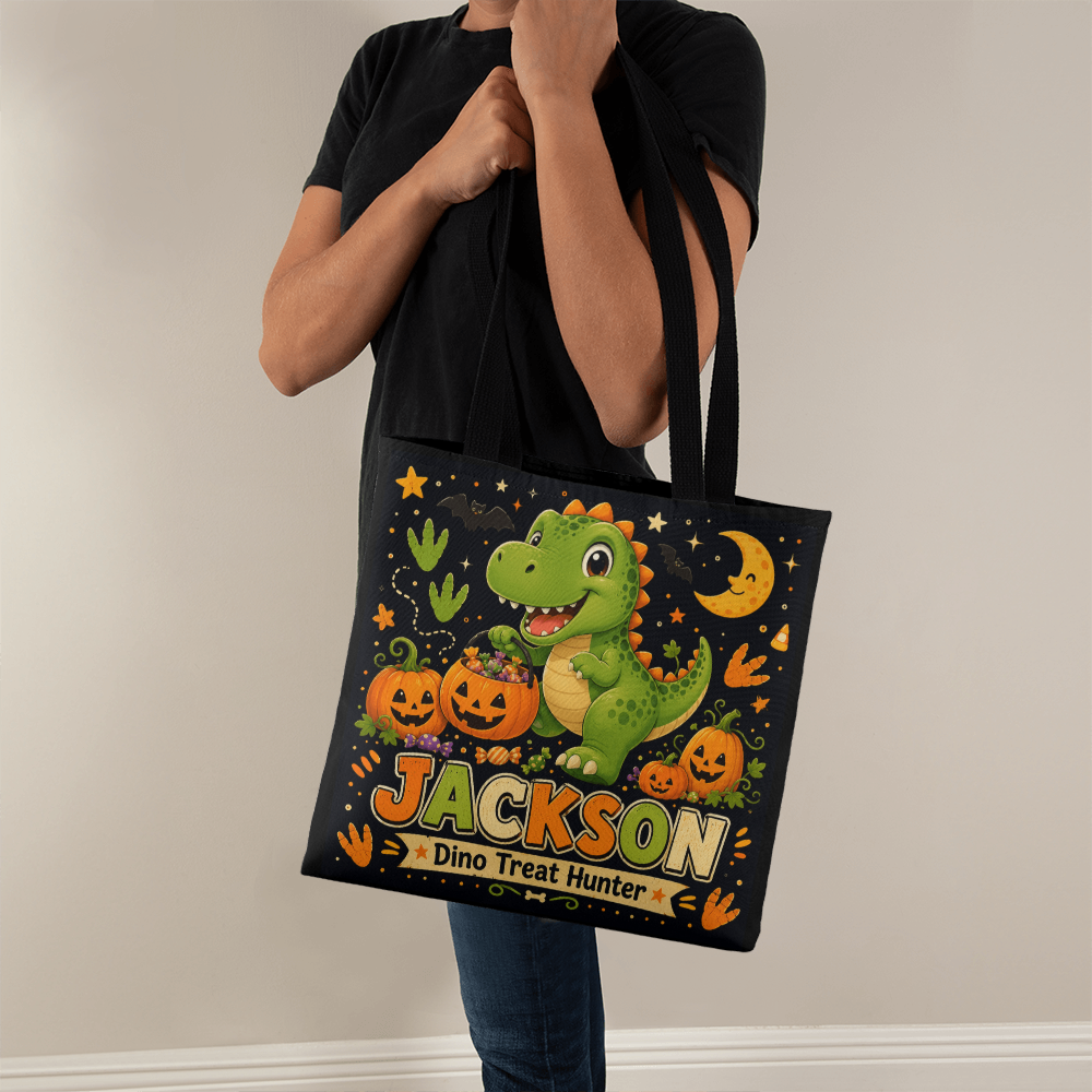 Personalized Dino Treat Hunter Halloween Tote Bag