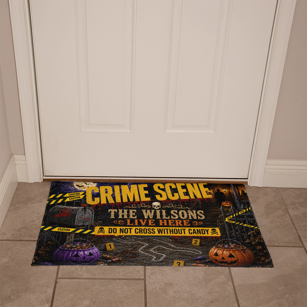 Personalized Halloween Crime Scene Welcome Mat – Custom Family Name Doormat
