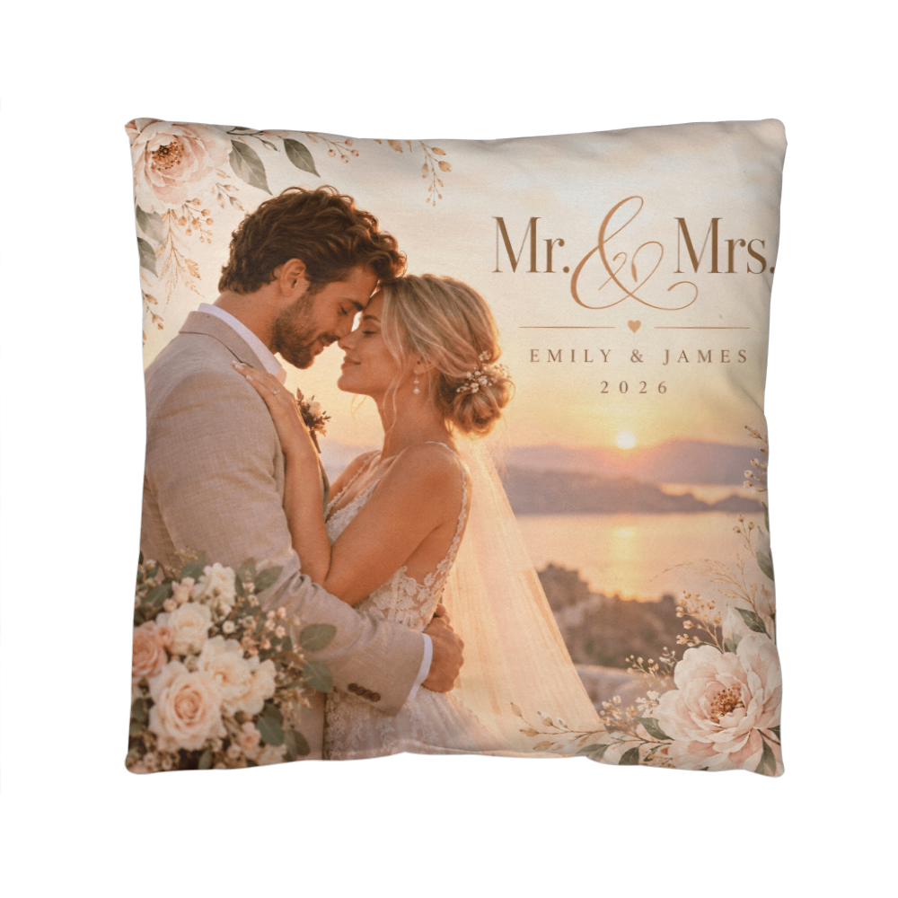 Personalized Wedding Photo Pillow – Custom Mr. & Mrs. Names & Date