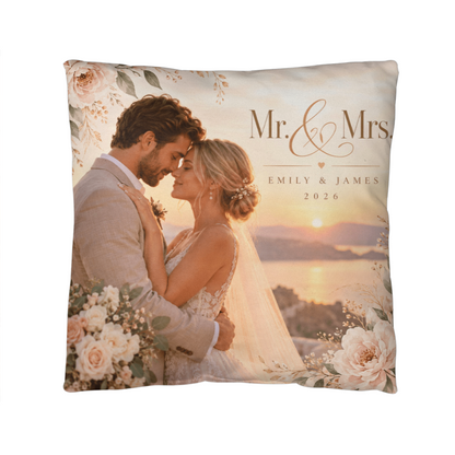 Personalized Wedding Photo Pillow – Custom Mr. & Mrs. Names & Date