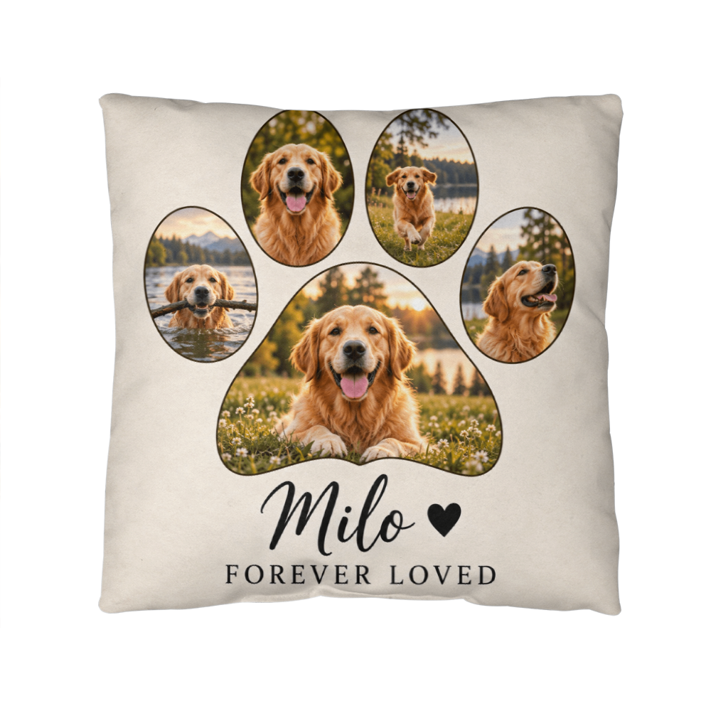 Personalized Pet Photo Pillow – Custom Paw Print & Pet Name Keepsake