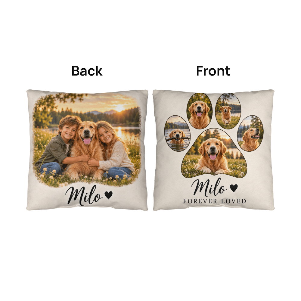 Personalized Pet Photo Pillow – Custom Paw Print & Pet Name Keepsake