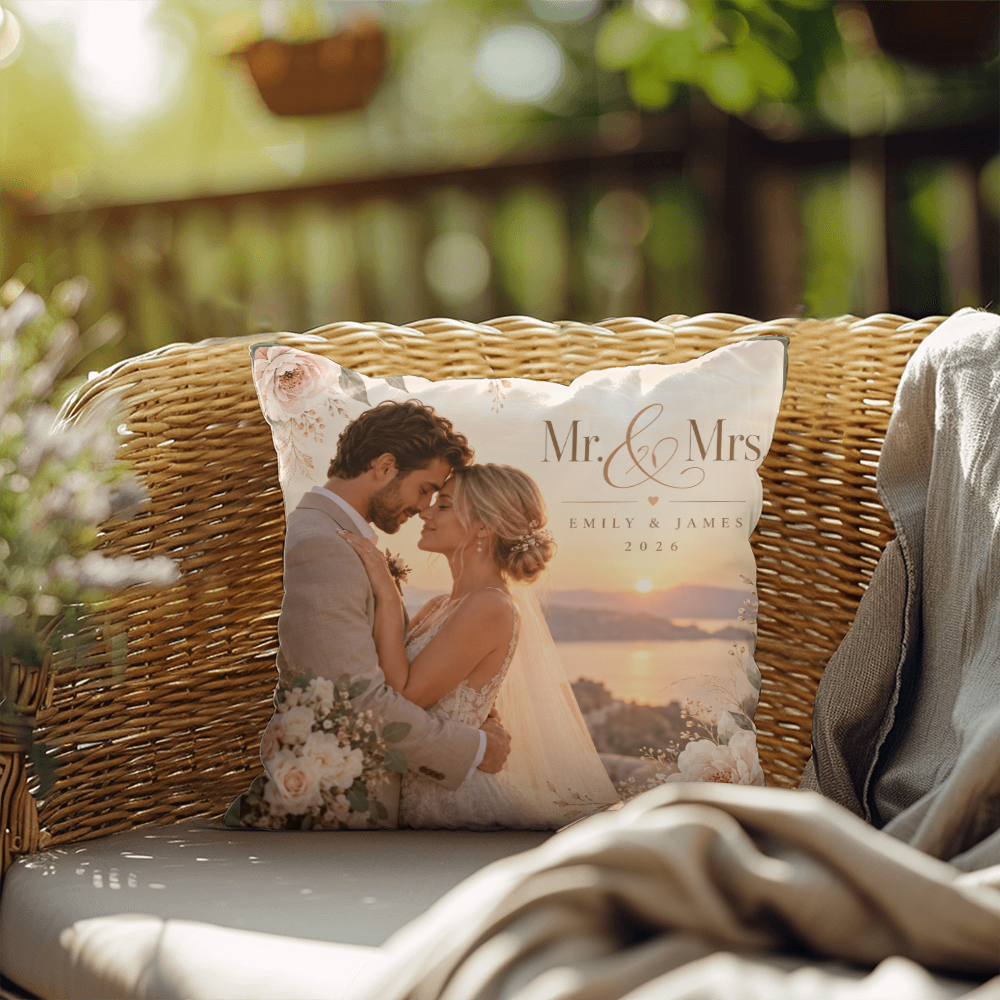 Personalized Wedding Photo Pillow – Custom Mr. & Mrs. Names & Date