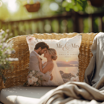 Personalized Wedding Photo Pillow – Custom Mr. & Mrs. Names & Date
