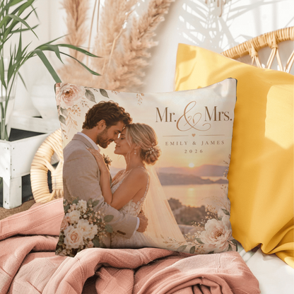 Personalized Wedding Photo Pillow – Custom Mr. & Mrs. Names & Date