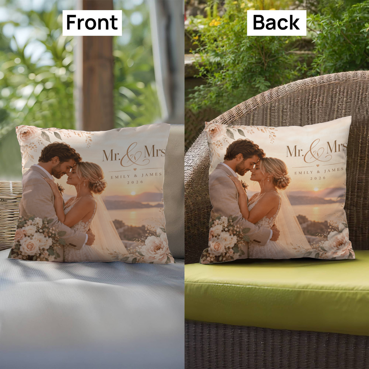 Personalized Wedding Photo Pillow – Custom Mr. & Mrs. Names & Date
