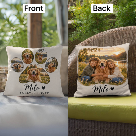 Personalized Pet Photo Pillow – Custom Paw Print & Pet Name Keepsake