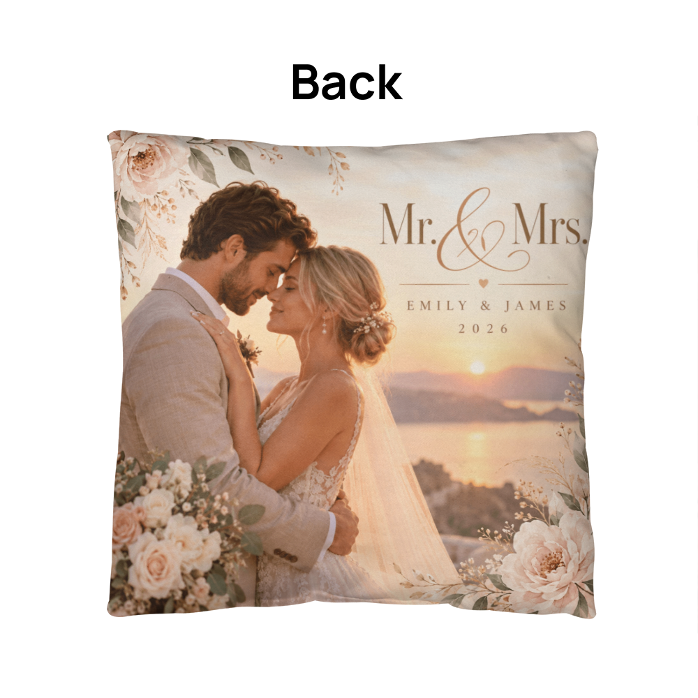 Personalized Wedding Photo Pillow – Custom Mr. & Mrs. Names & Date