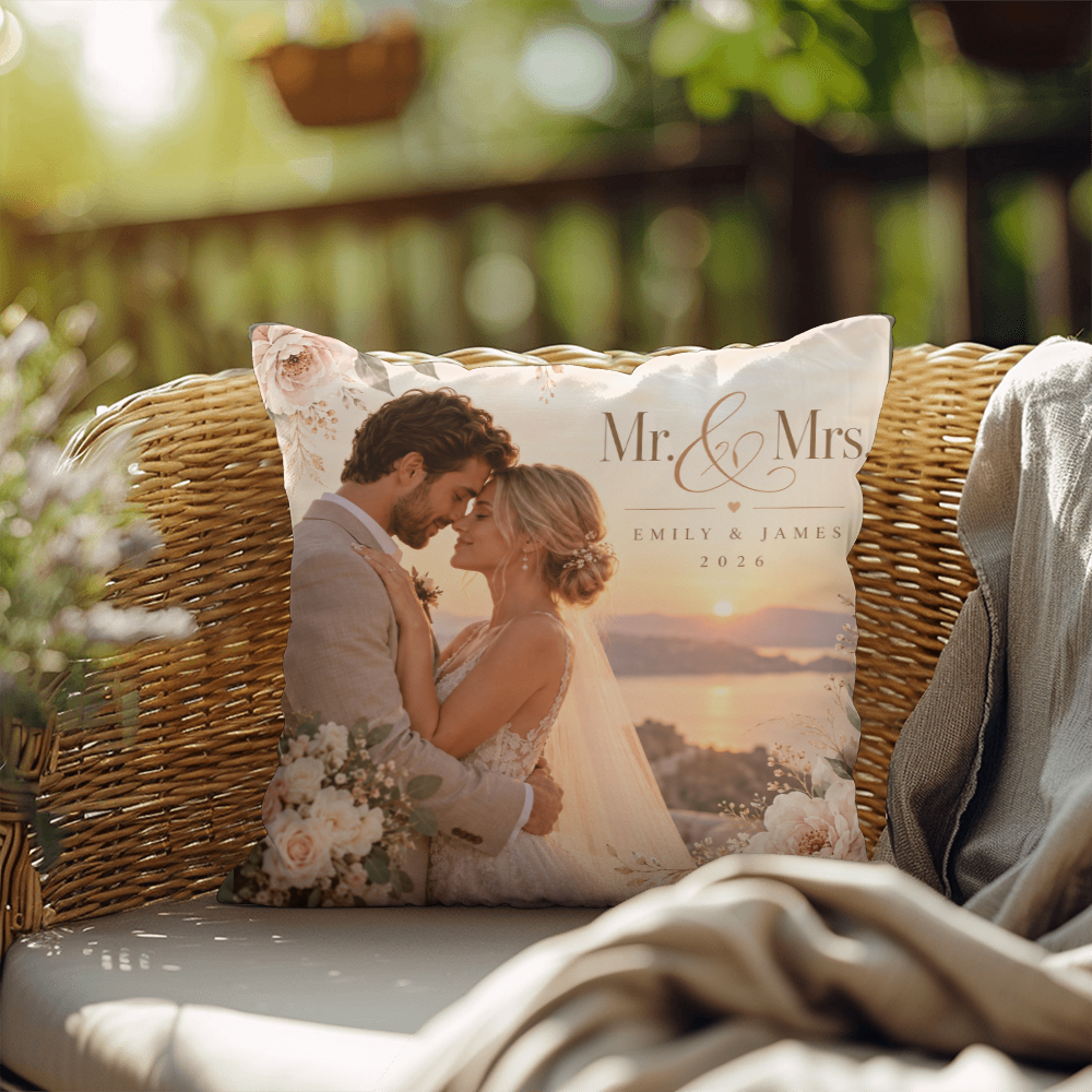 Personalized Wedding Photo Pillow – Custom Mr. & Mrs. Names & Date