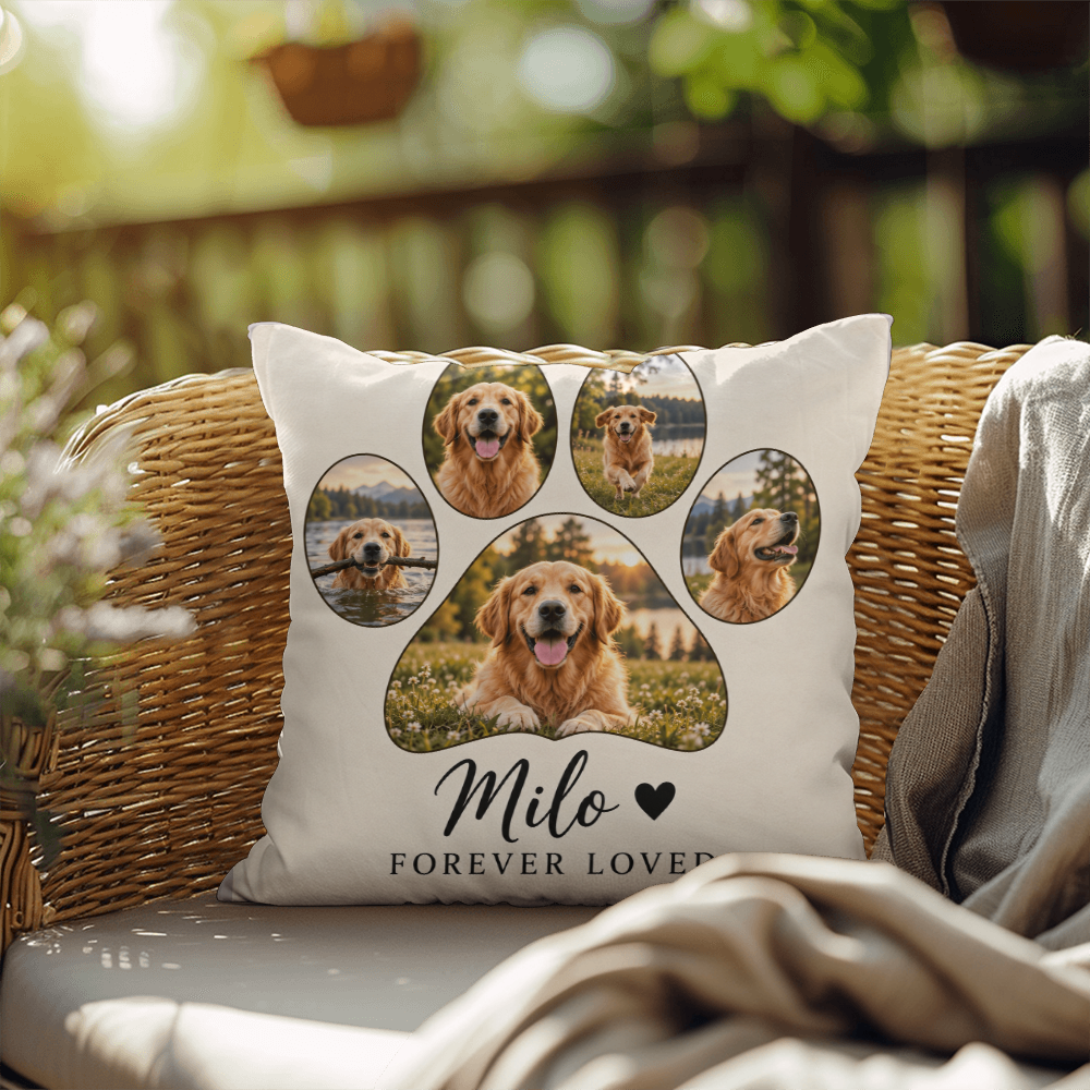 Personalized Pet Photo Pillow – Custom Paw Print & Pet Name Keepsake