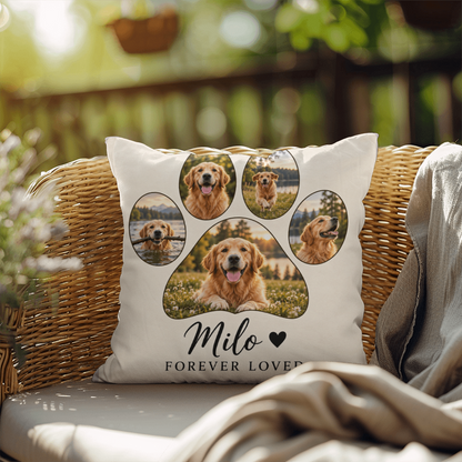 Personalized Pet Photo Pillow – Custom Paw Print & Pet Name Keepsake