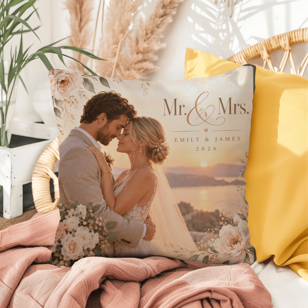 Personalized Wedding Photo Pillow – Custom Mr. & Mrs. Names & Date