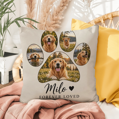 Personalized Pet Photo Pillow – Custom Paw Print & Pet Name Keepsake