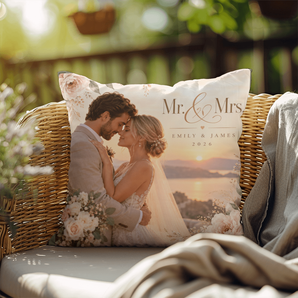 Personalized Wedding Photo Pillow – Custom Mr. & Mrs. Names & Date