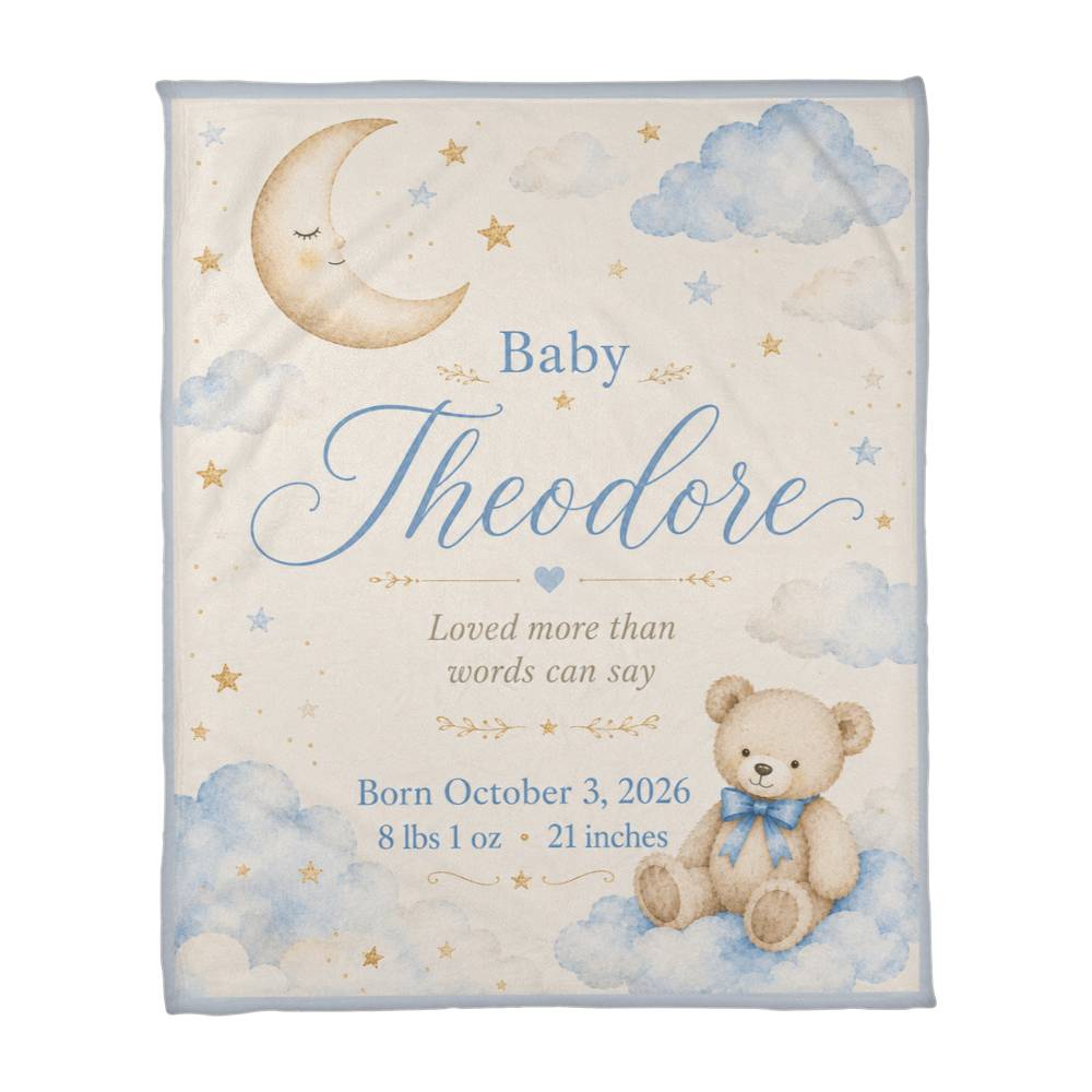 Personalized Baby Name & Birth Stats Blanket – Custom Moon, Cloud & Teddy Bear Baby Blanket