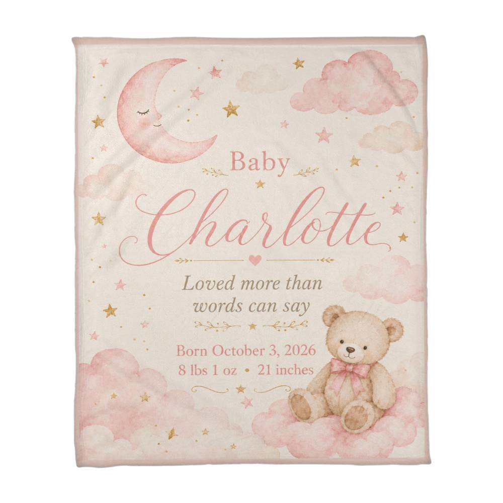 Personalized Baby Girl Name & Birth Stats Blanket – Custom Moon, Cloud & Teddy Bear Keepsake Blanket