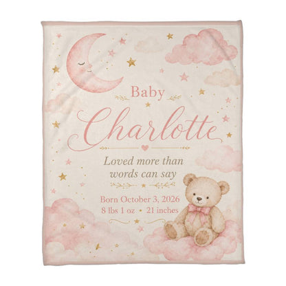 Personalized Baby Girl Name & Birth Stats Blanket – Custom Moon, Cloud & Teddy Bear Keepsake Blanket